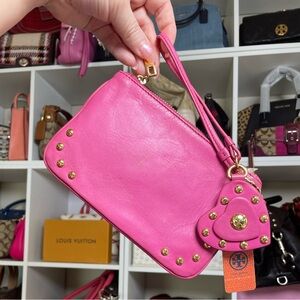 Tory Burch Pink Leather Wristlet with Heart Charm
